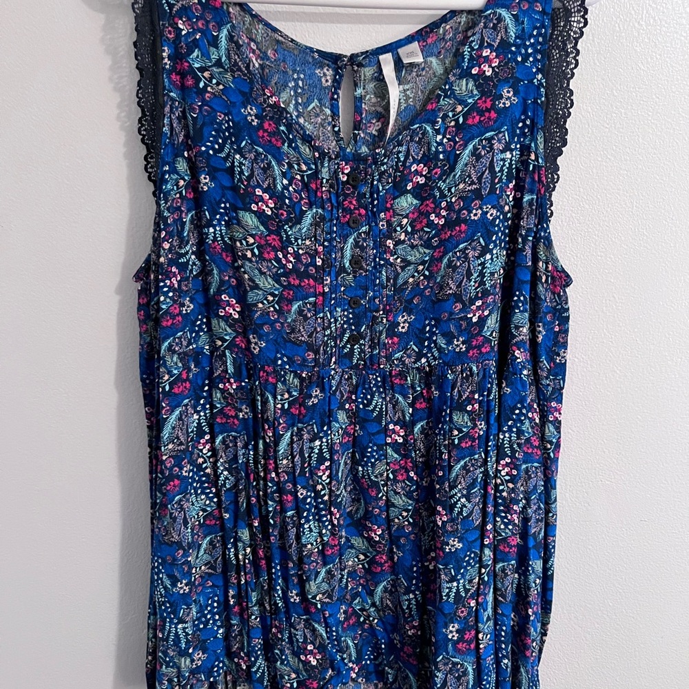 Lauren Conrad Blue Floral Baby Doll Tank Top